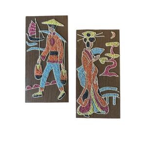 Mid Century Modern Vintage Gravel Wall Art Japanese Inspired Wood Base 15” x 8"